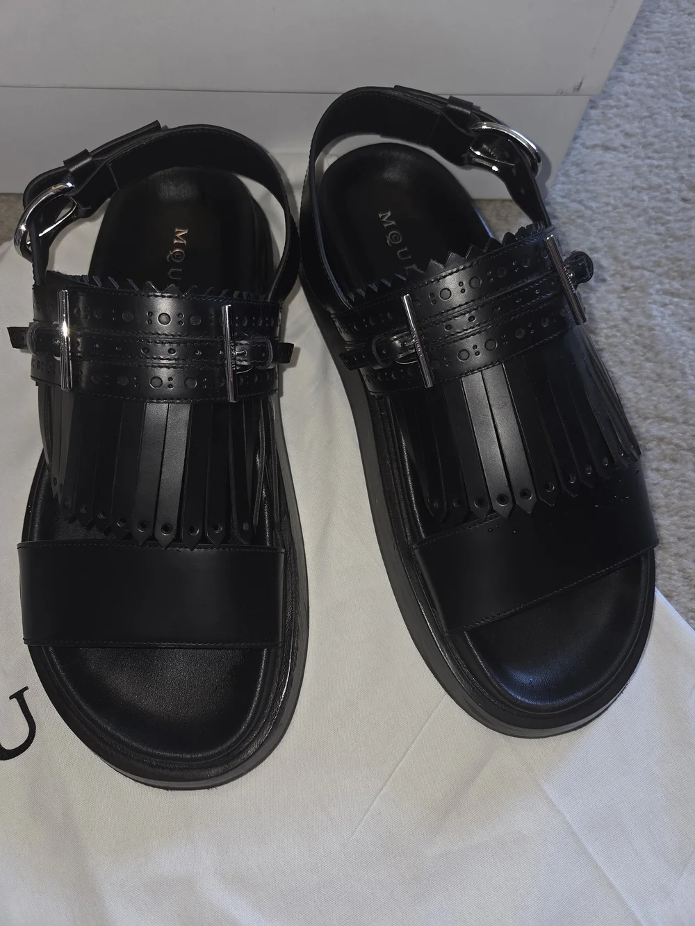 Alexander McQueen Black Fringe Leather Buckle Sandals, Men's 41, 8